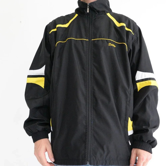Vintage 90s Derby Black And Yellow Zip Up Nylon Windbreaker  Jacket 2XL - Picture 2 of 12